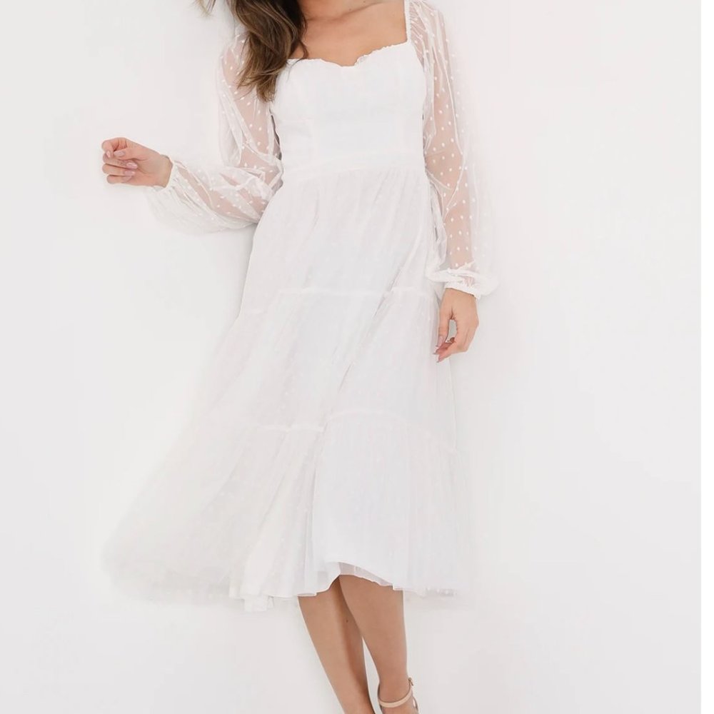 White Swiss Dot Tiered Bustier Midi Dress